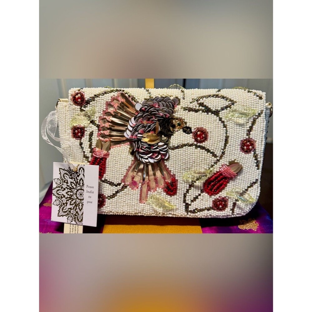 NWT Handcrafted in India Beaded Hummingbird Flap Shoulder Bag